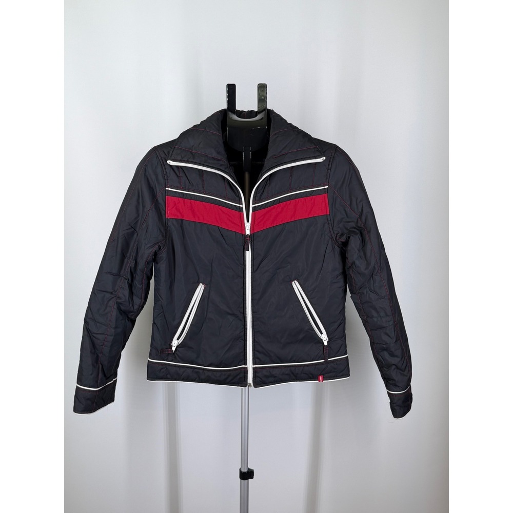 Vintage Esprit Black Puffer Jacket Red Stripe White Piping Quilted Full Zip